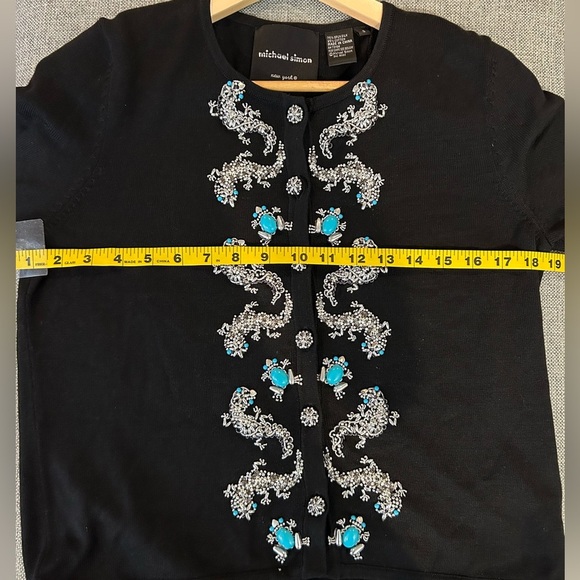 Michael Simon Black Cardigan with Silver & Turquoise Beaded Frogs Geckos Size S - Picture 9 of 11